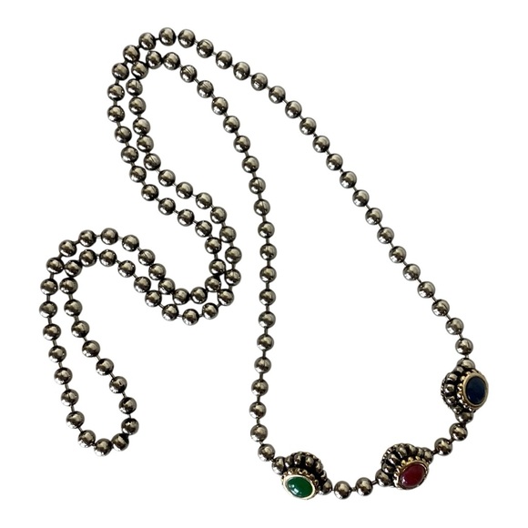 Gripoix Style Silver Tone Bead Ball Chain Multicolor 3 Ball Pendant 18" Necklace - Picture 10 of 16